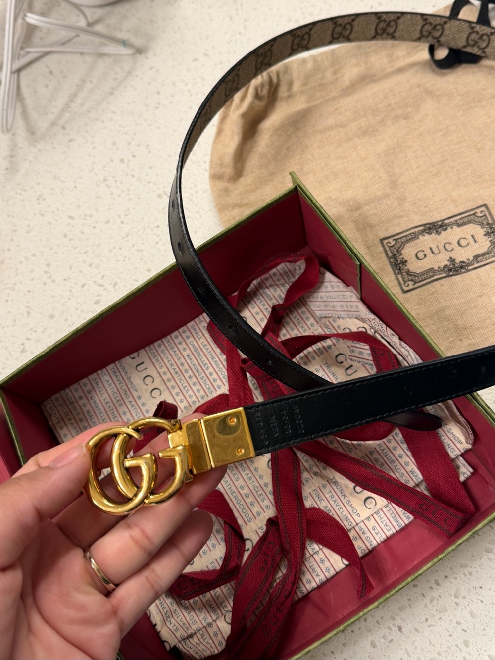 Gucci reversible Beige Monogram Canvas Belt with Gold Buckle